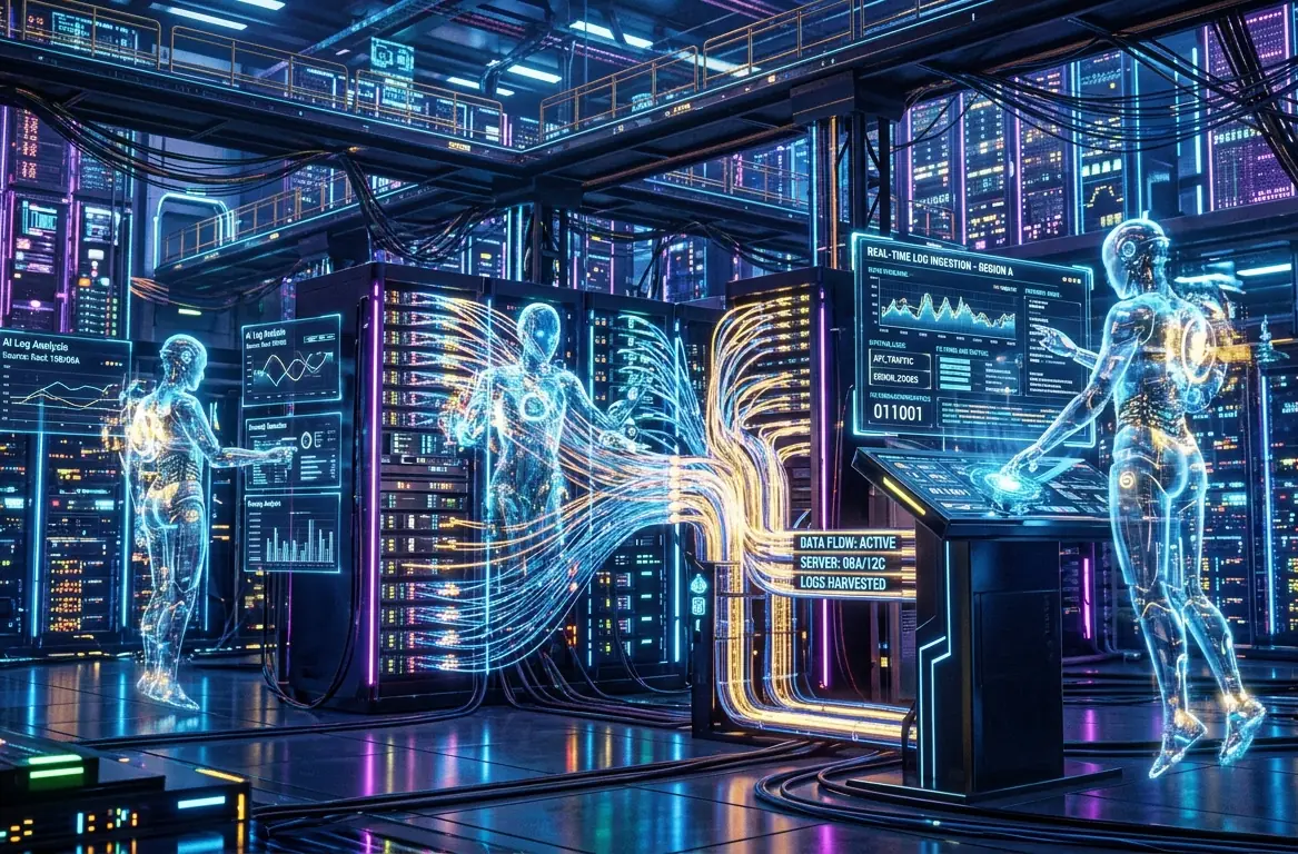 Stylised illustration of a data centre with luminous figures reading real-time log ingestion dashboards