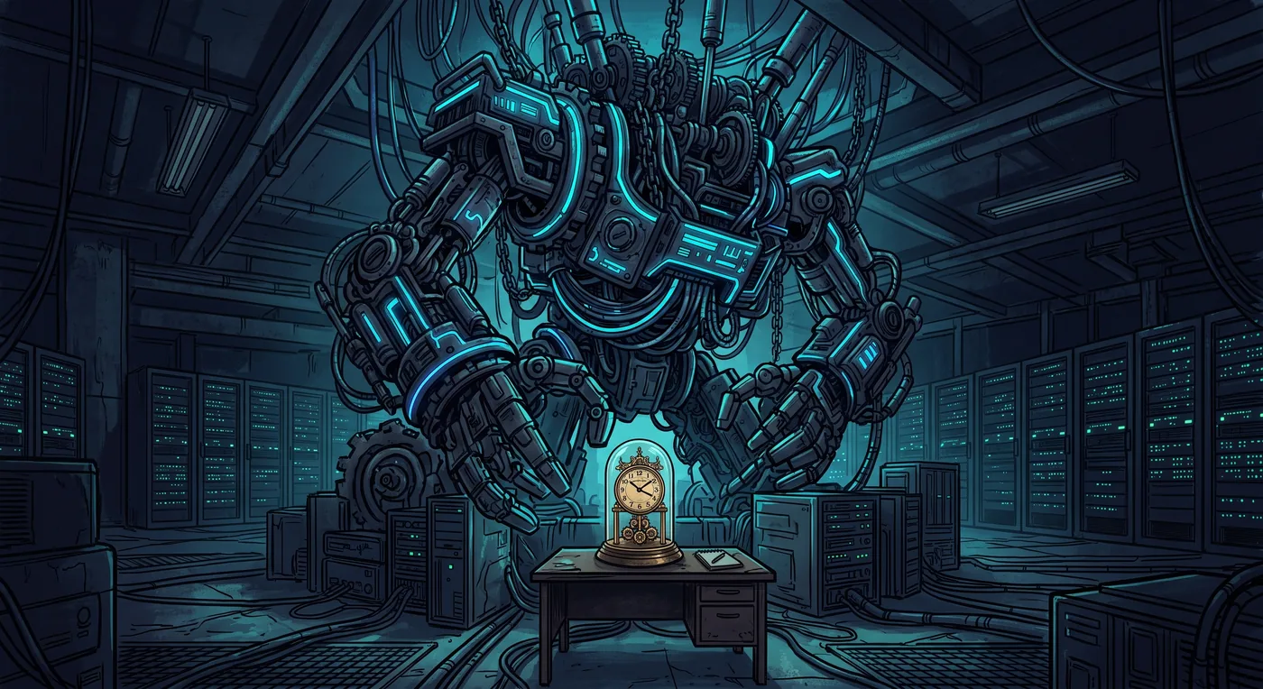 Stylised illustration of a colossal robotic machine of articulated arms and gears filling a data centre, looming over a small brass desk clock glowing quietly on a table beneath it