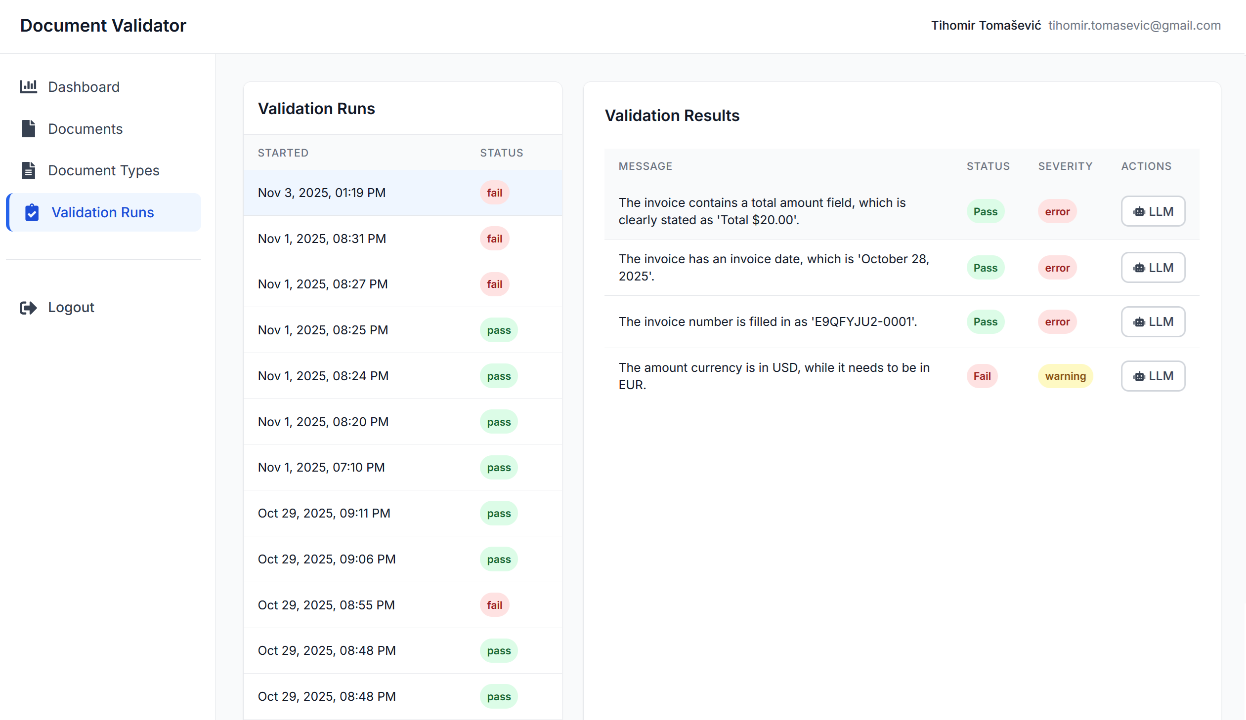 Screenshot of document validation automation platform dashboard
