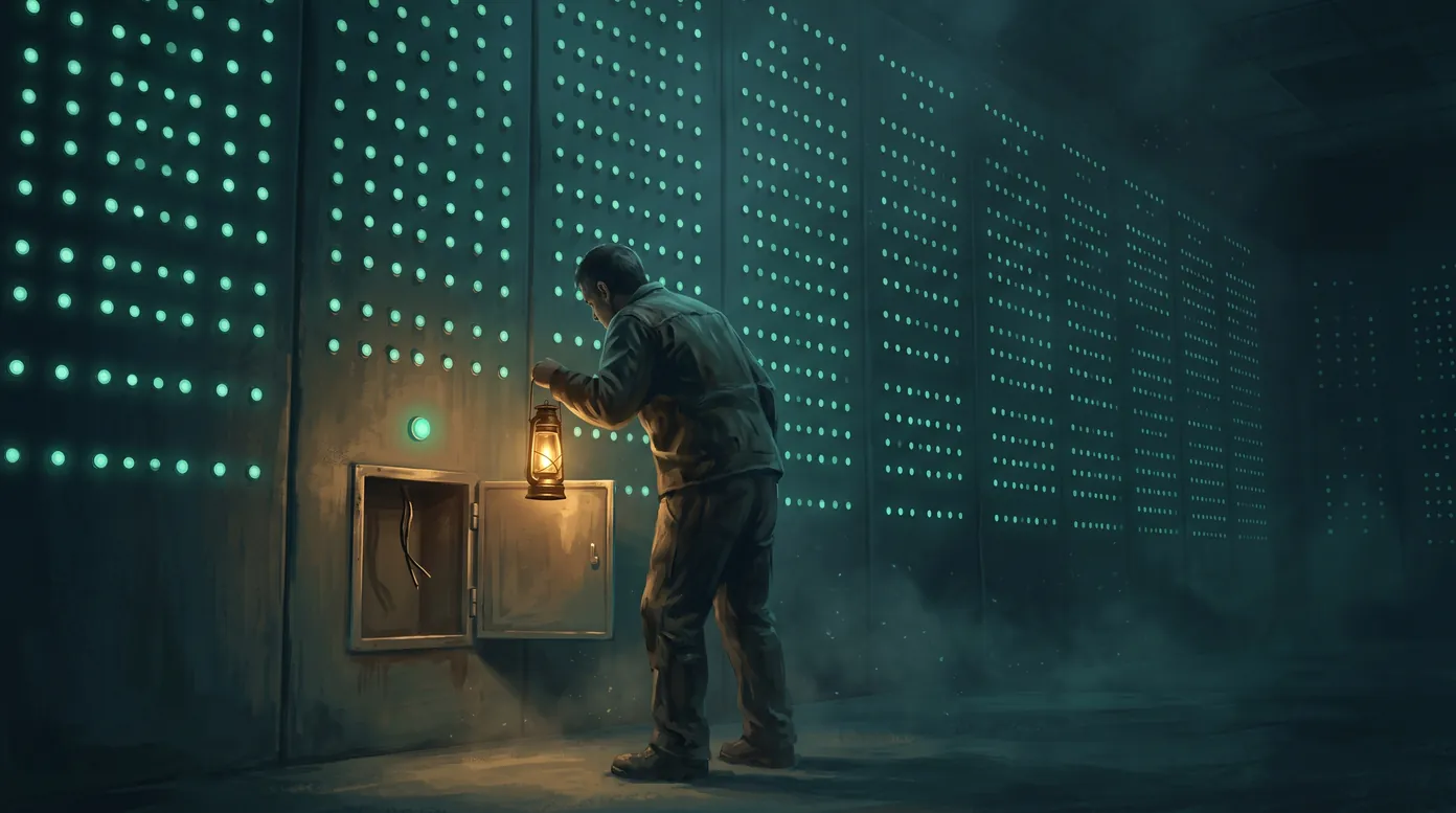 Painterly illustration of a dark control room whose walls are covered in hundreds of glowing green indicator lamps; an engineer holding a brass lantern has opened a small panel beneath one green lamp, revealing a cut wire connected to nothing