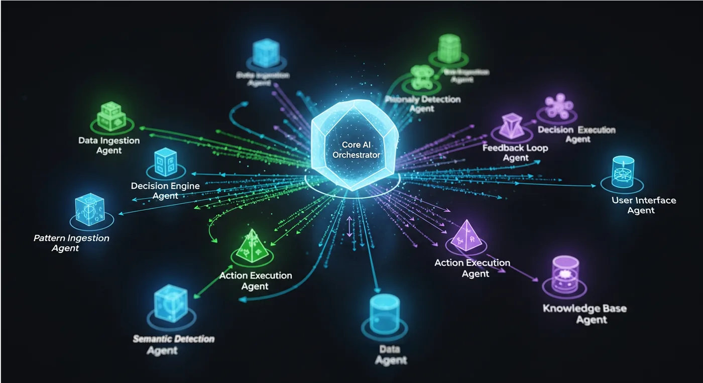 Visualization of an agentic AI system with interconnected agents and data flows