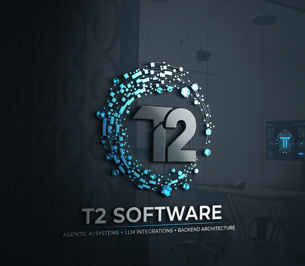 T2 Software large logo showcasing the brand identity with agentic AI design elements