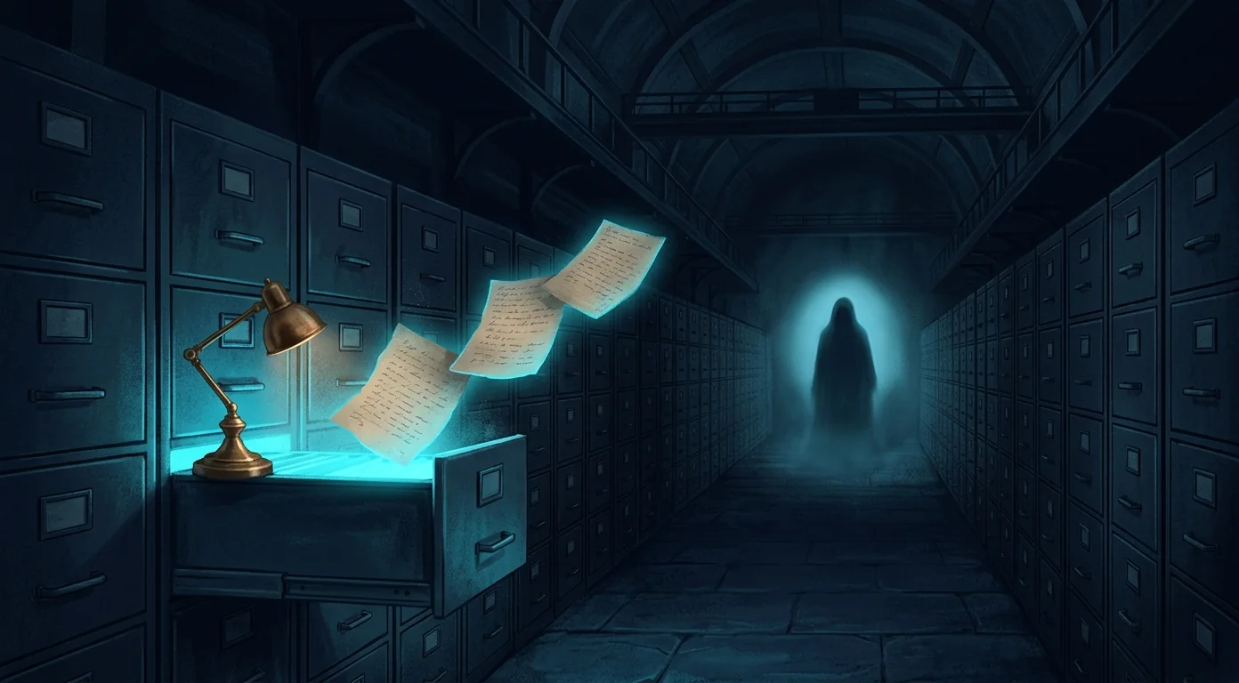 Illustration of a vast dark archive of filing drawers with a single drawer pulled open and glowing, a few pages lifted out of it and drifting toward a dimly lit figure waiting in the background