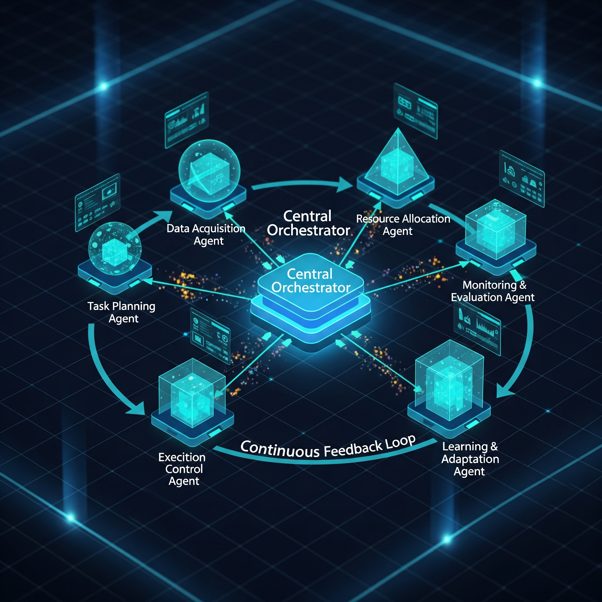 Diagram showing multi-agent system architecture with autonomous agents coordinating tasks