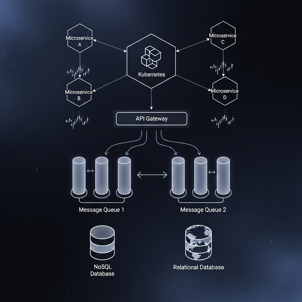 Cloud-native backend architecture diagram with microservices, message queues, and databases