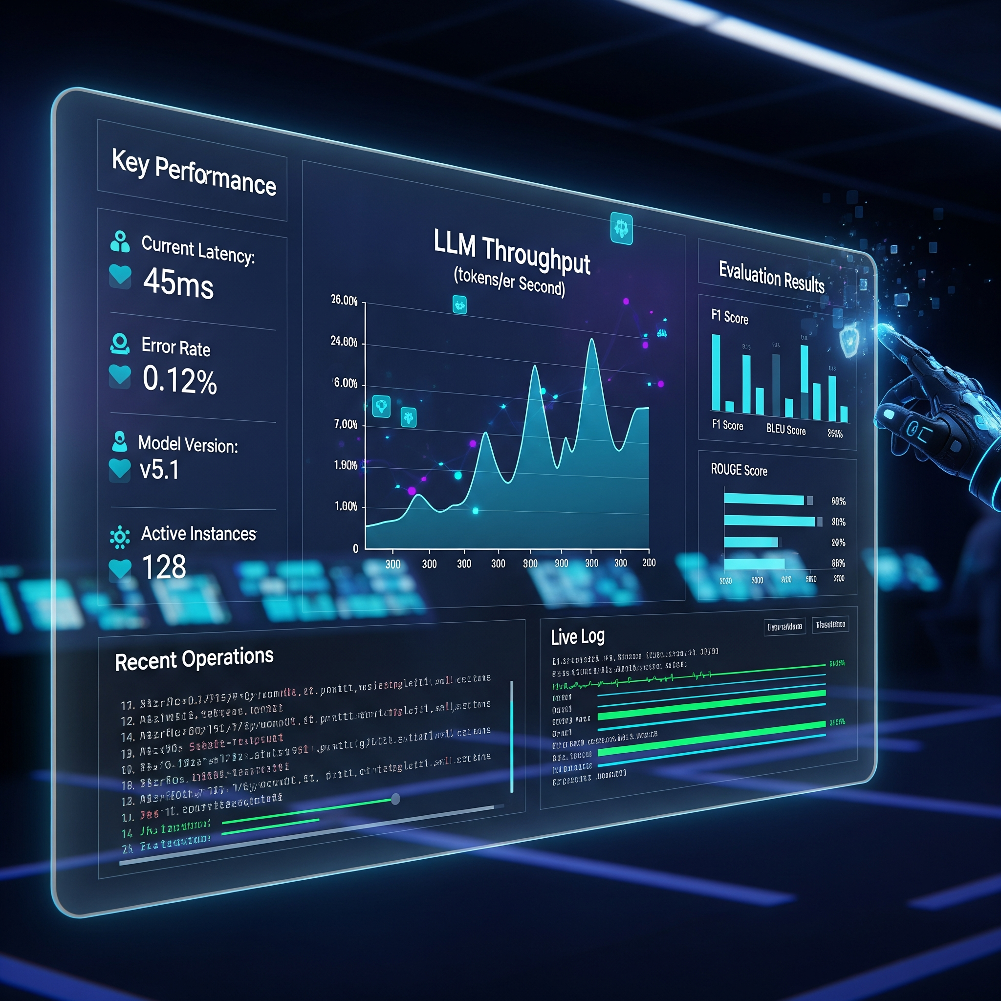 LLM operations dashboard showing metrics, monitoring graphs, and evaluation results
